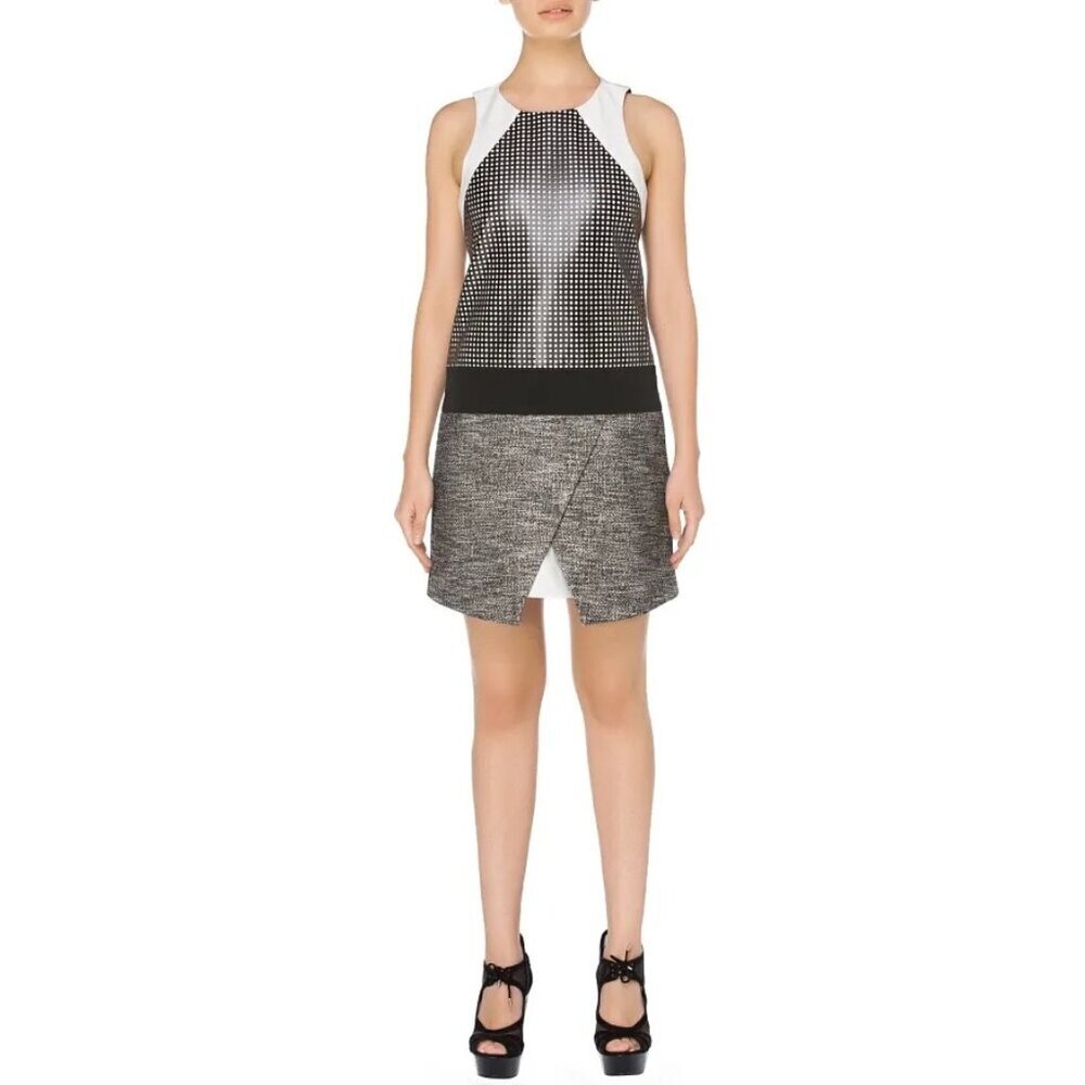 Tibi Black Pencil Dress Perforated Faux Leather Fitted Shift Style LBD Women's 6